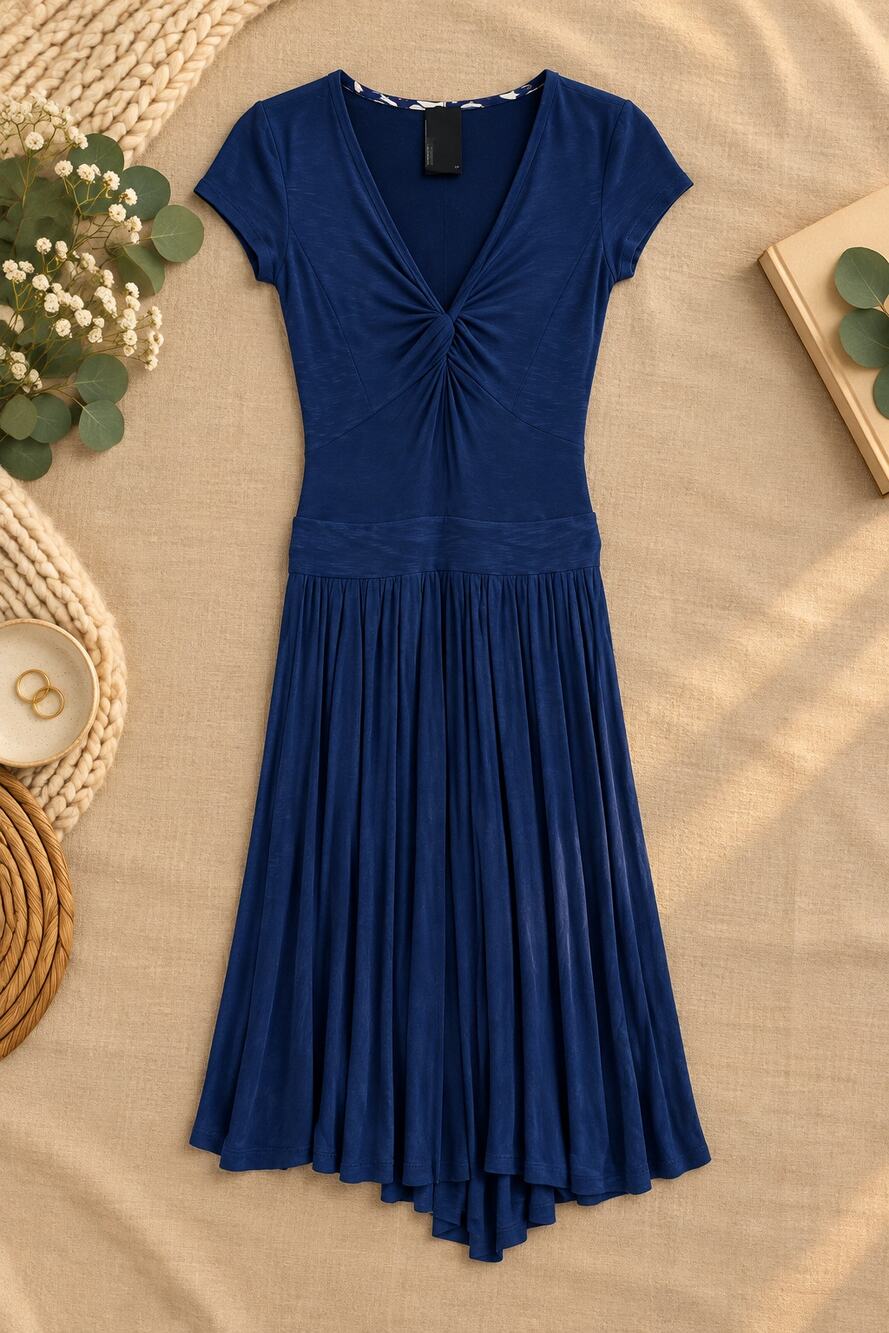 Dolan Anthropologie Blue Ruched V-Neck Drop Waist Dress Boho Chic Artsy Size XS